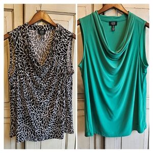 Jones New York Black and White Leaf Print Cowl Neck Blouse